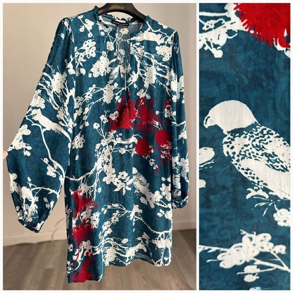 Hemant & Nandita size 6 Floral Dress Teal Birds Print Tassels - Picture 6 of 6
